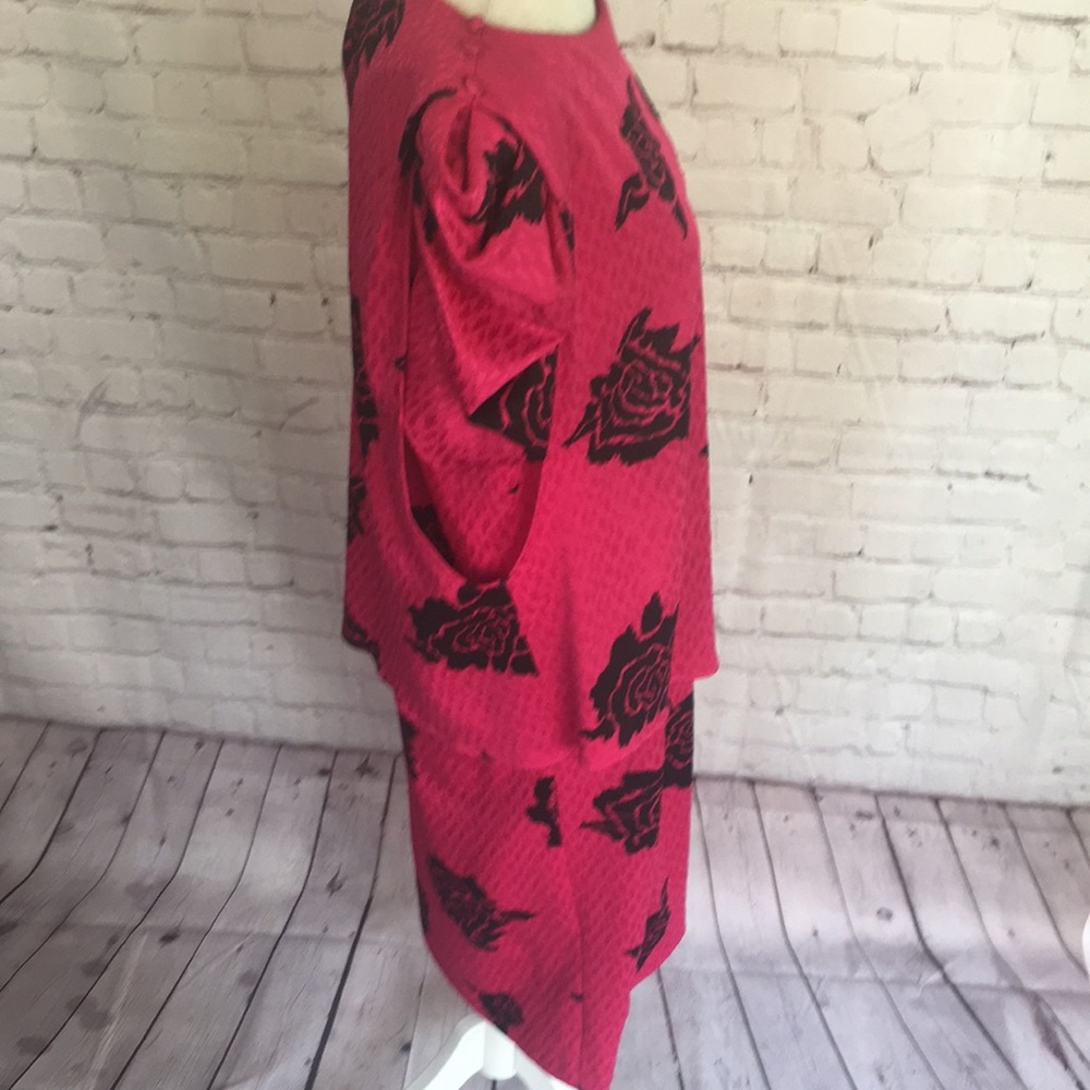 Vintage 80’s TF Satin Floral Bright Pink Knee Length Peplum Dress - Picture 5 of 14